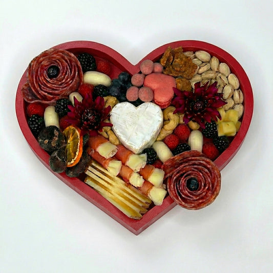 Red Heart Charcuterie Gift Board for Valentine's Day - Salami Roses Cheese Berries - Charqute