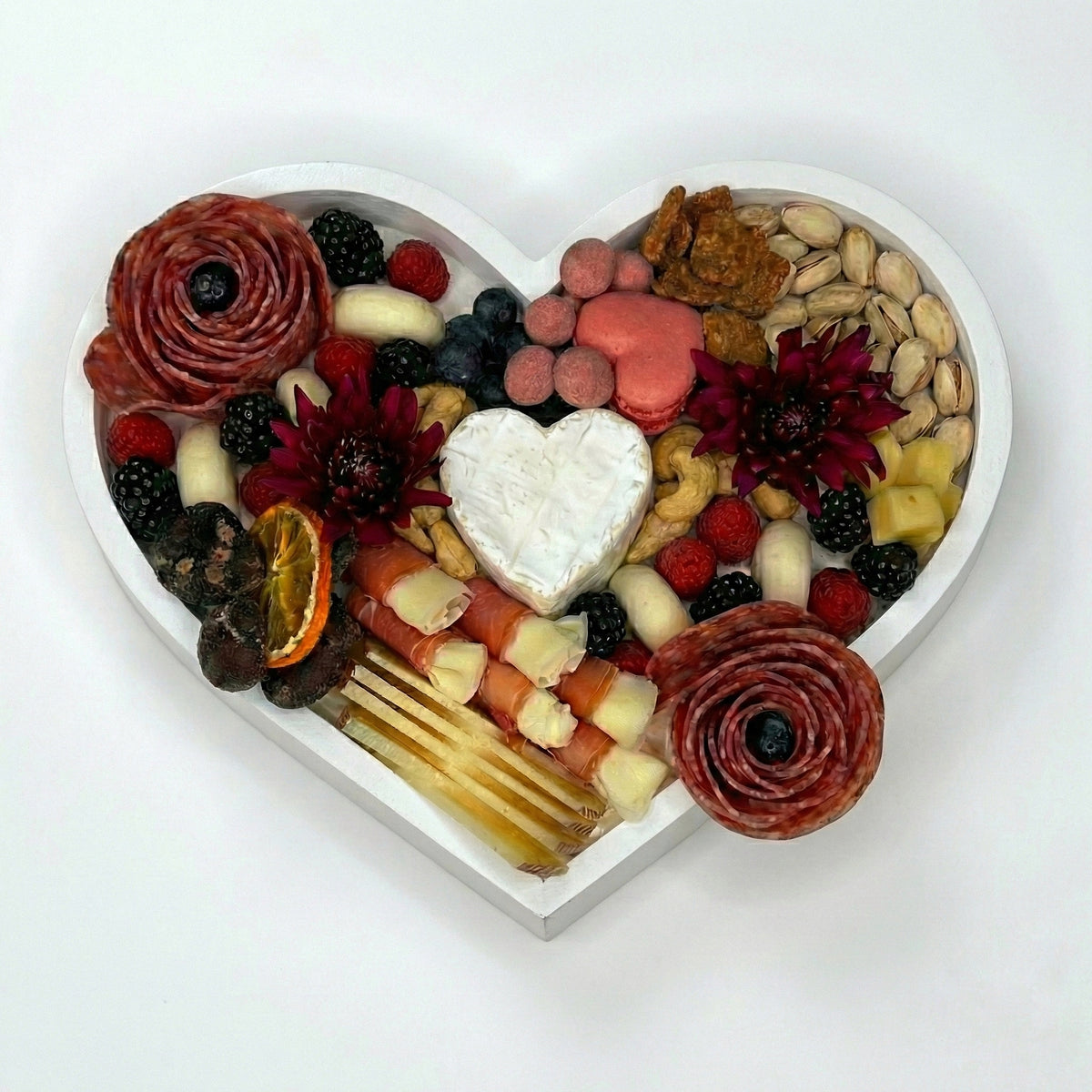 White Heart Charcuterie Board for Romantic Occasions - Salami Roses Berries Brie - Charqute