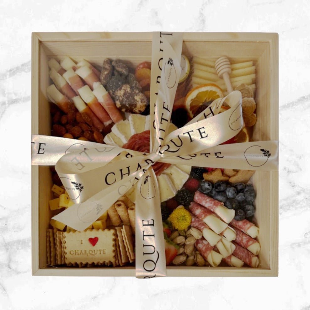 Charqute Small Board with Seasonal Cheese Meats and Garnish in Wooden Box - Gift LA