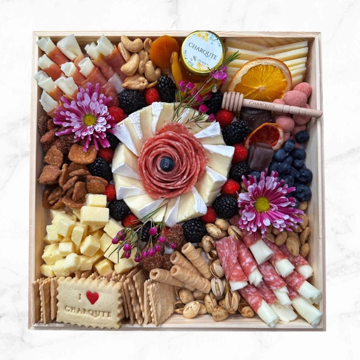 Small Charcuterie Board with Salami Rose Brie Berries and Nuts - Charqute Los Angeles Gift