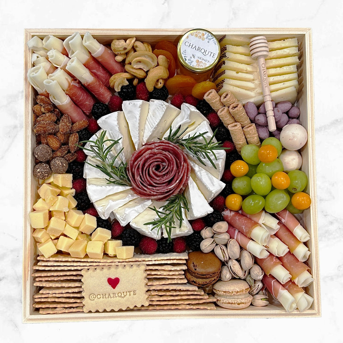 Small Artisan Charcuterie Board with Cheese Meats and Seasonal Garnishes - Charqute