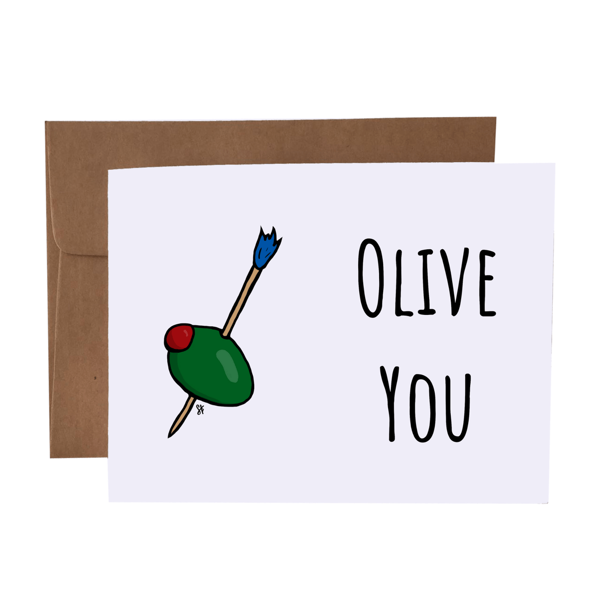 Olive You Punny Food Greeting Card with Olive Drawing - Charqute Handmade Gift
