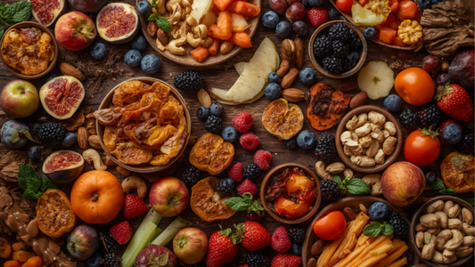 A densely packed overhead spread of dried figs, persimmons, apricots, cinnamon apples, fresh berries, cashews, pistachios, seasoned almonds, and crudite vegetables covering a wooden table