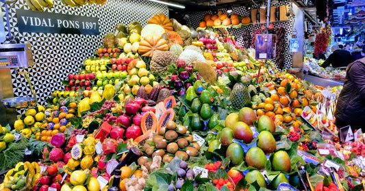 Fresh produce and market stalls at Mercat de la Boqueria in Barcelona