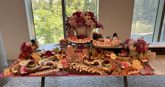 Barbie-themed charcuterie board built for a Warner Bros Studios event