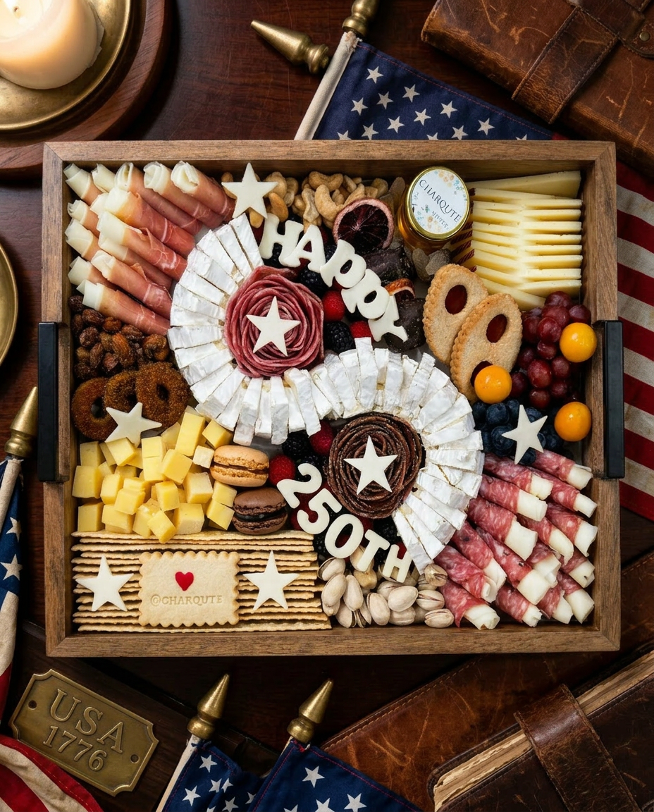 American Board — patriotic charcuterie board with Happy 250th theme on American Flag Mikasa Lazy Susan tray